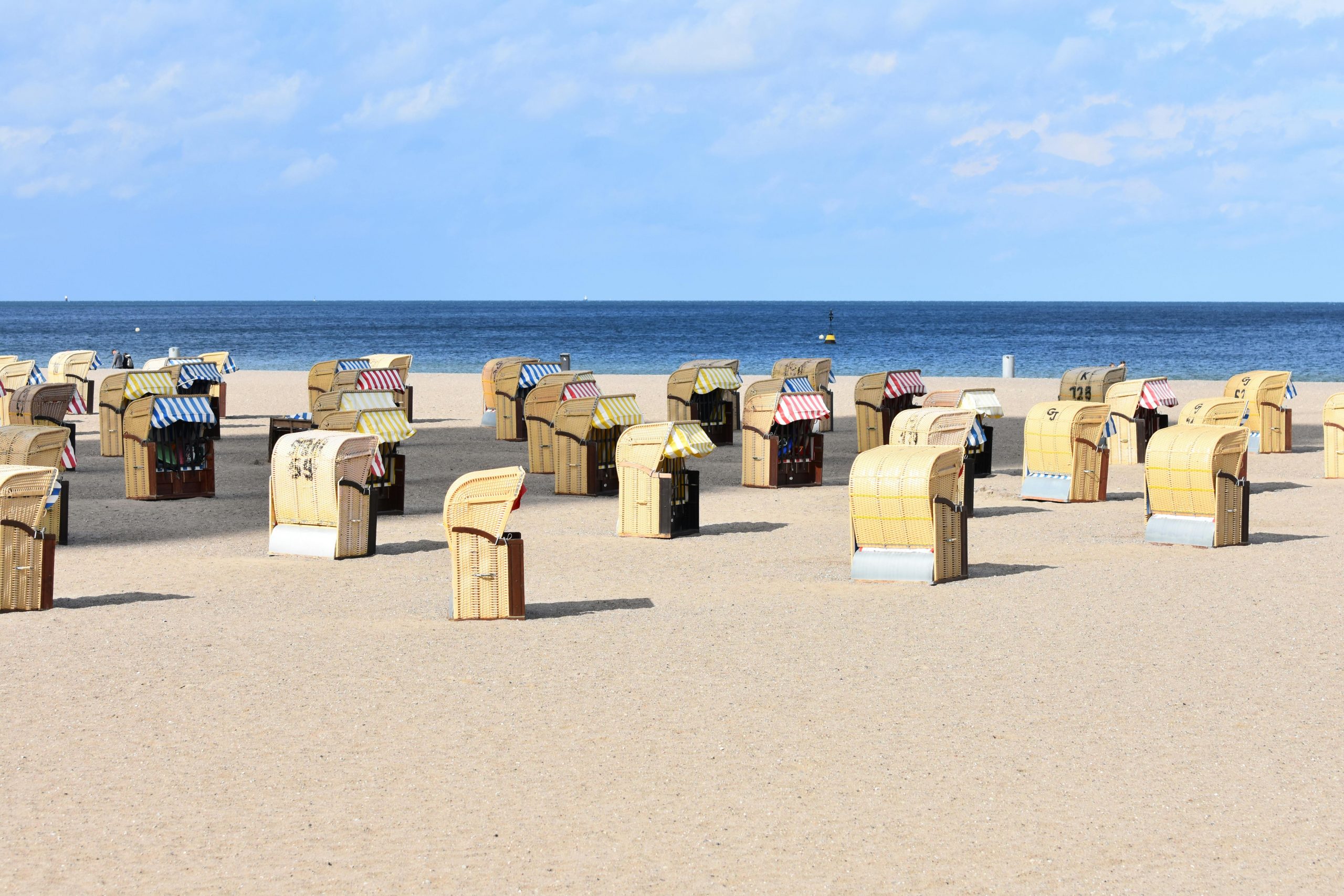 Serene beach scene with rows of empty wicker beach chairs under a blue sky.
